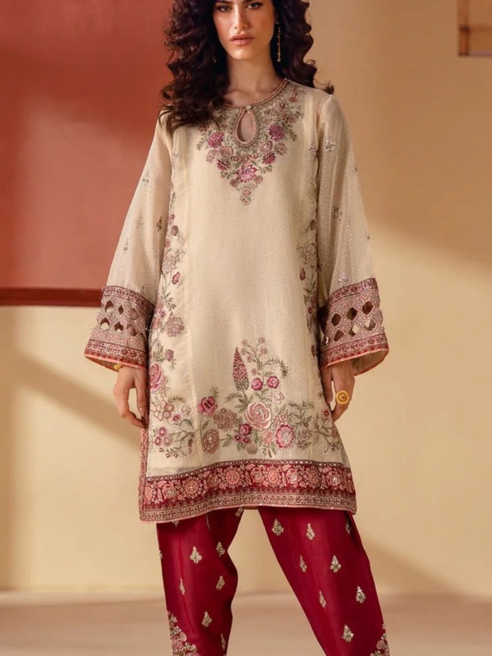 Embroidered Cream Floral Tunic Dress with Maroon Accents
